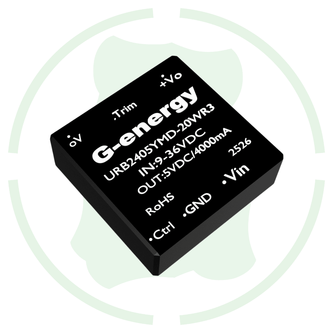 G-energy URB2405YMD-20WR3 24V to 5V DC to DC converter showing specifications including input and output details.
