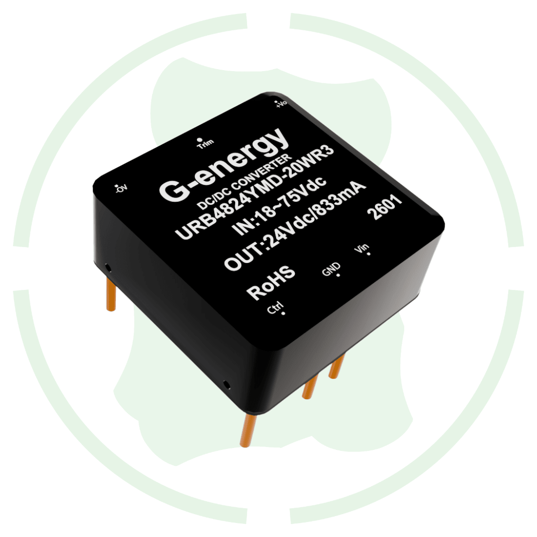 G-energy URB4824YMD-20WR3 48V to 24V 10W 830mA DC DC converter with labeled specifications.