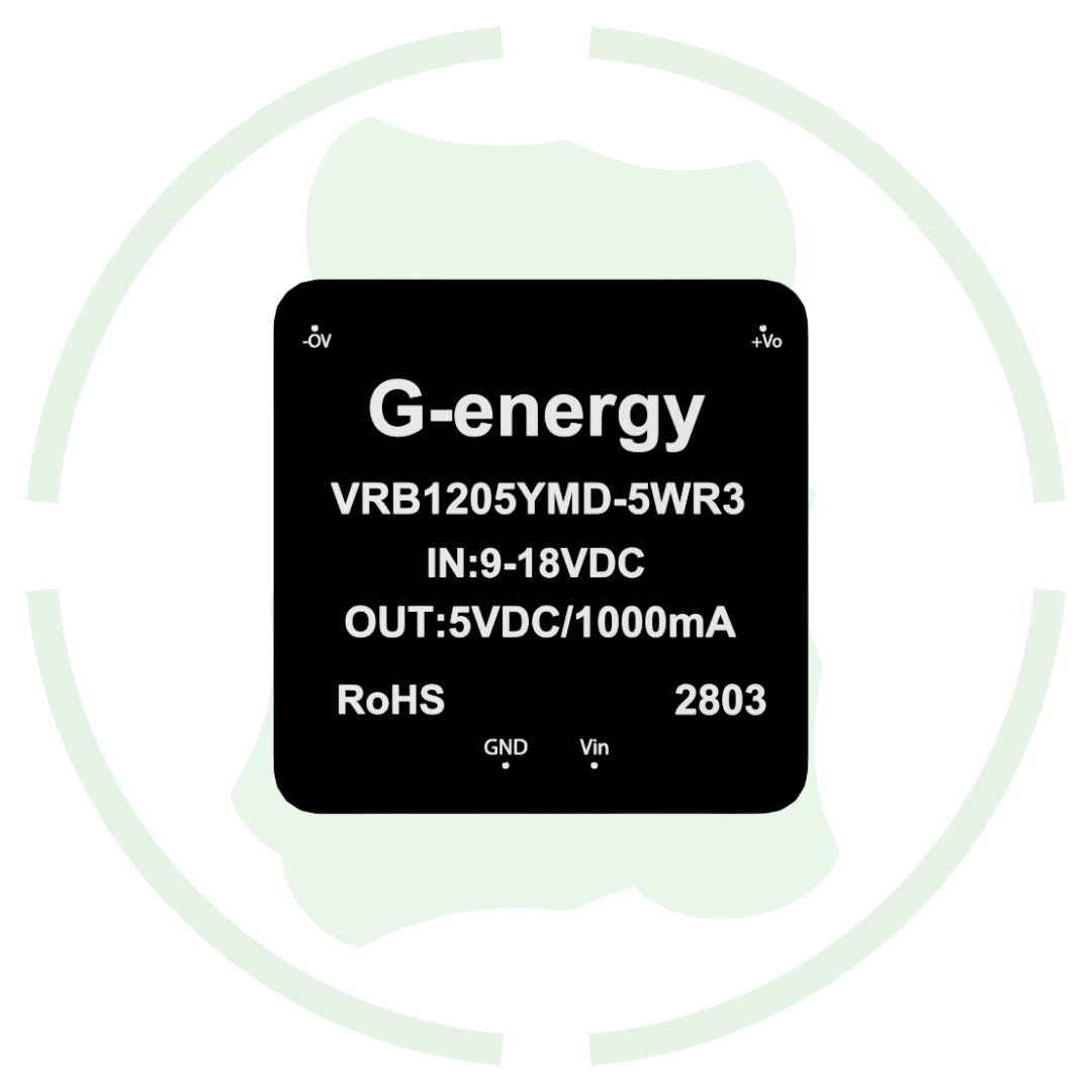 G-energy VRB1205YMD-5WR3 12V to 5V 5W 1A DC to DC Isolation Voltage 1500VDC Power Module Converter label and specifications.