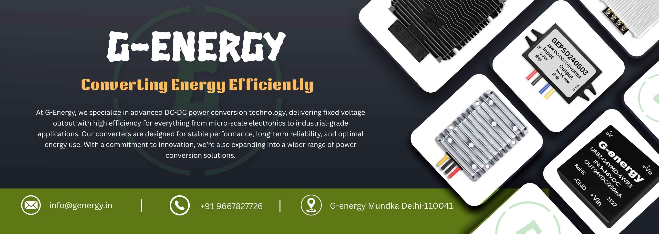 g-energy home page banner showing different type of dc dc converter & their contact details including mail phone no & adress