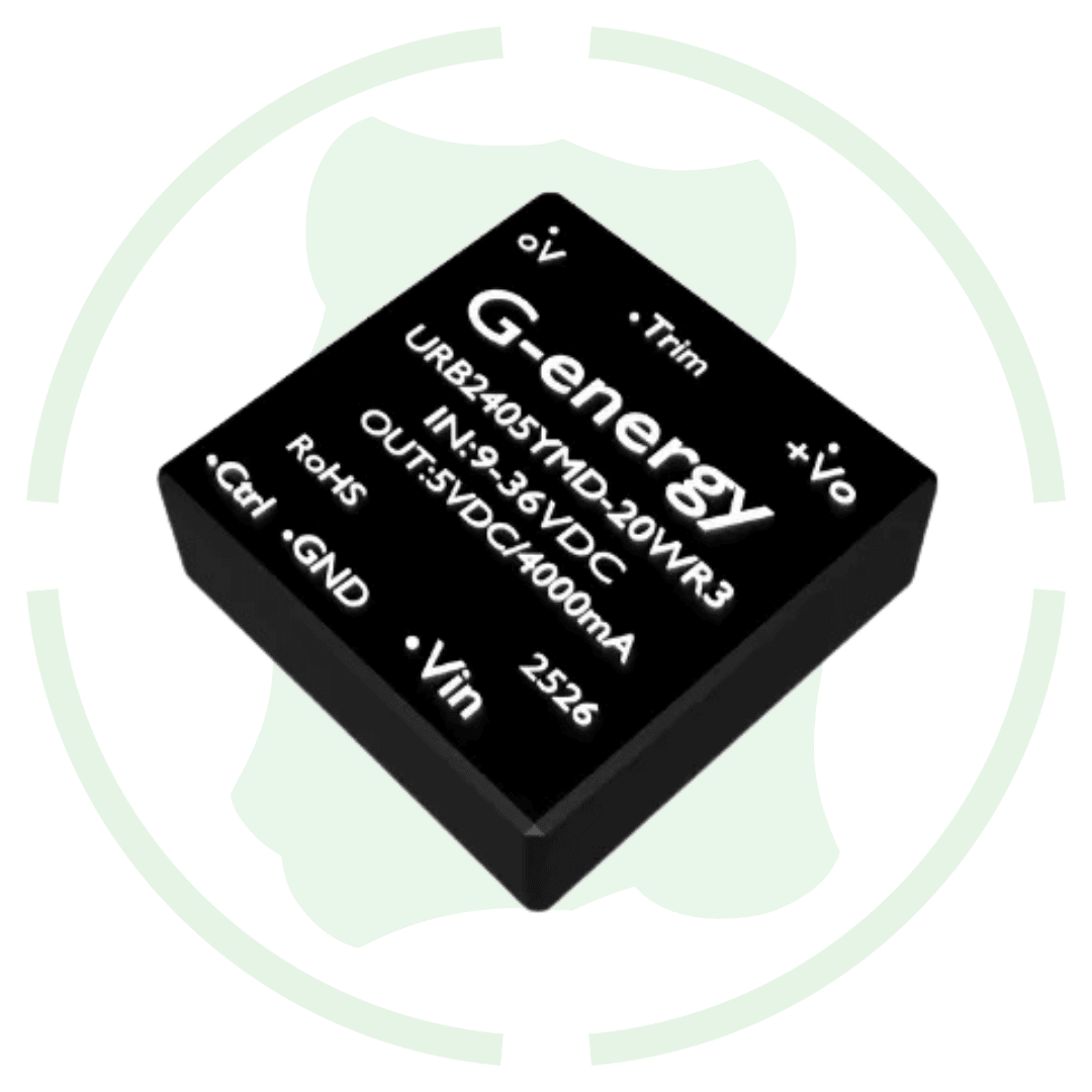 G-energy URB2405YMD-20WR3 24V to 5V DC to DC converter with specifications on the top side in sleek black design.