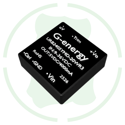 G-energy URB2405YMD-20WR3 24V to 5V DC to DC converter with specifications on the top side in sleek black design.