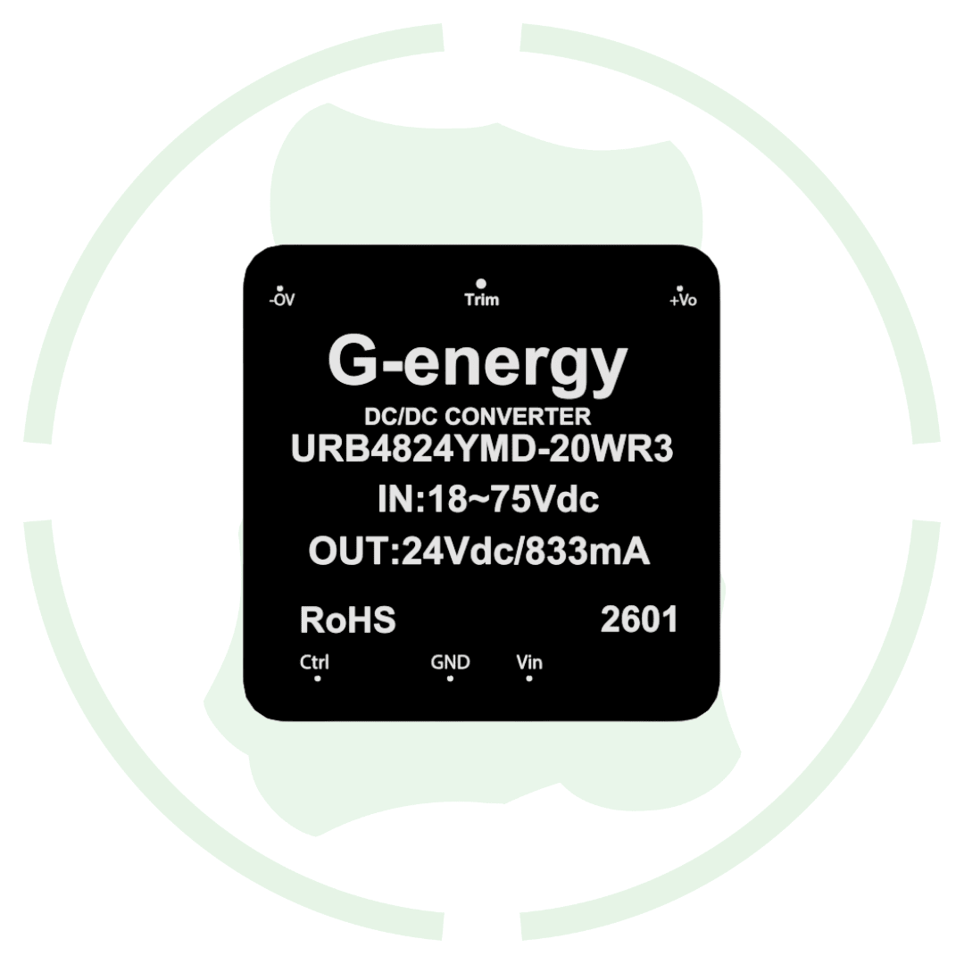 G-energy URB4824YMD-20WR3 48V to 24V 10W 830mA DC DC converter label with specifications.