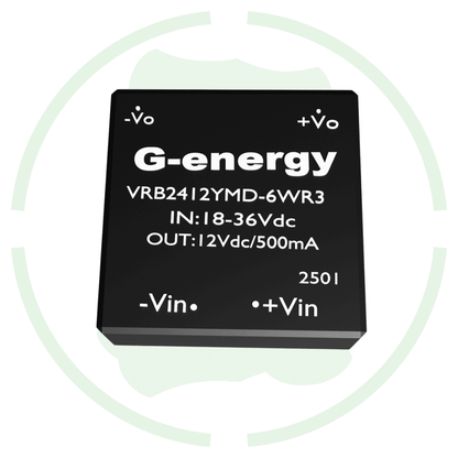G-Energy VRB2412YMD-6WR3 24V to 12V DC Converter showcasing specifications IN: 18-36Vdc OUT: 12Vdc/500mA